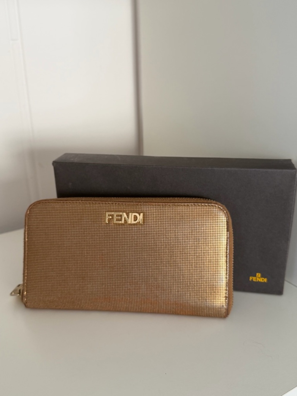 Fendi Vitello Logo Zip Around Wallet – Metallic Gold ✨